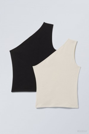 Weekday 2-pack Cindy One Shoulder Tank Top Black Beige | GKAX8191