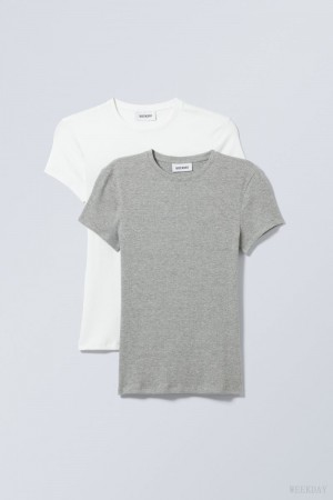 Weekday 2-pack Close Fitted Rib T-shirt White Grey | OCHR2490