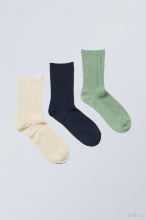 Weekday 3-pack Lova Shiny Socks Cream Navy Green | LKEA8265