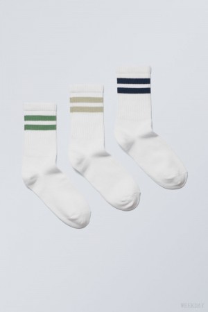 Weekday 3-pack Sport Striped Socks Green Khaki Black Stripes | UXYD1706