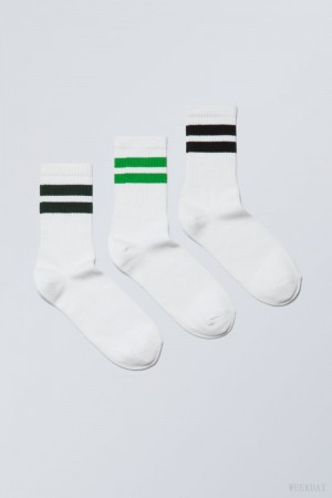 Weekday 3-pack Striped Sport Socks Green Black Stripes | KMYT2522