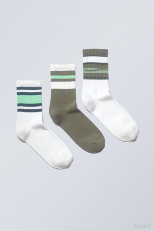 Weekday 3-pack Striped Sport Socks Green Stripes | MOWY0524