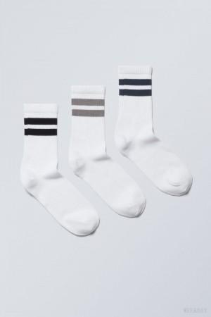 Weekday 3-pack Striped Sport Socks Grey Navy Black Stripes | MCAE3054