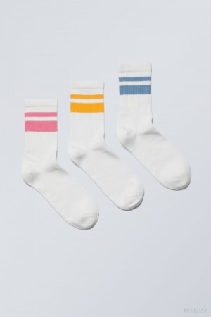 Weekday 3-pack Striped Sport Socks Pink Yellow Blue Stripes | UNOI6560