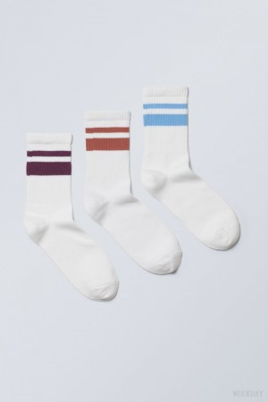 Weekday 3-pack Striped Sport Socks Purple Orange Blue | TVJB2928