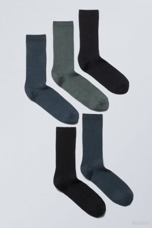 Weekday 5-pack Rib Socks Dark Grey Blue Green | HOHA3548