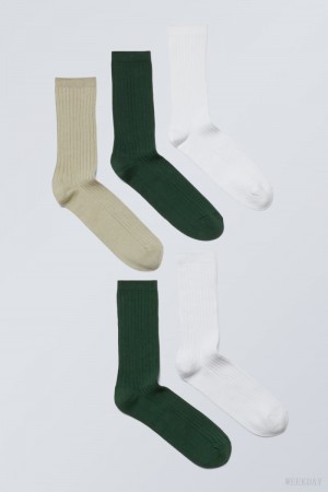 Weekday 5-pack Rib Socks Green | AKLH8281