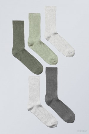 Weekday 5-pack Rib Socks Green | JQQY3287