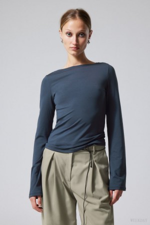 Weekday Annie Boatneck Long Sleeve Top Dark Blue | ALLZ1980