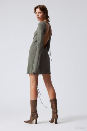 Weekday Bella Mini Dress Khaki Green | LXSB6216