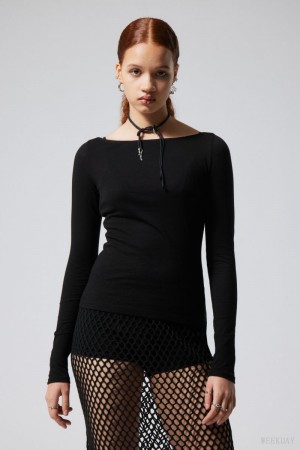 Weekday Boatneck Fitted Long Sleeve Top Black | YVDS0477