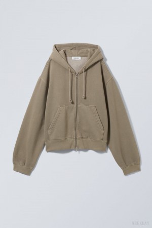 Weekday Boxy Heavyweight Zip Hoodie Dusty Mole | NTMU1256