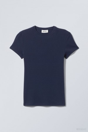 Weekday Close Fitted Rib T-Shirt Dark Blue | VDXS2972