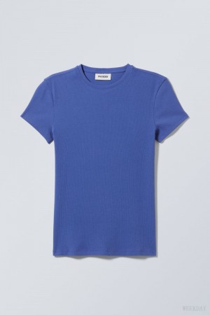 Weekday Close Fitted Rib T-Shirt Deep Blue | JOPD8705