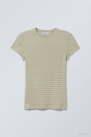 Weekday Close Fitted Rib T-Shirt Khaki | ETEF0209