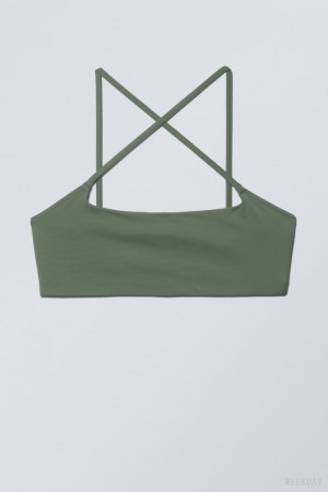 Weekday Cross Front Bikini Top Olive Green | TDUW8459