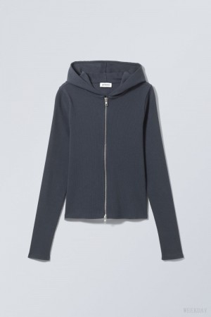 Weekday Cut Tight Zip Hoodie Dark Blue | WELT5975