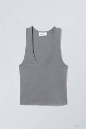 Weekday Deep U-Neck Tank Top Dark Grey | LYXD6785