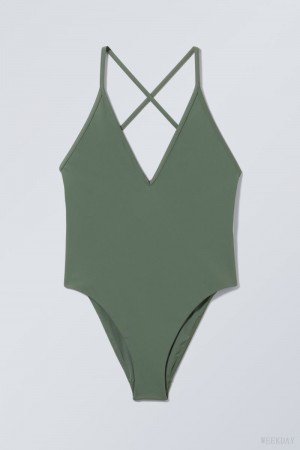 Weekday Deep V-neck Swimsuit Green | CUAP9915