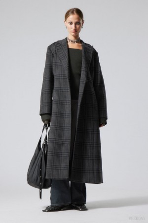 Weekday Delia Waisted Wool Blend Coat Dark Grey | RCZA7745