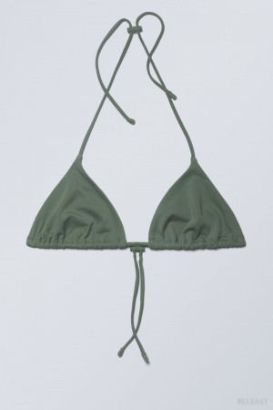 Weekday Drawstring Halter Bikini Top Olive Green | MZET4312