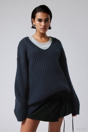 Weekday Eden Oversized Wool Blend Sweater Navy | YPLZ6121