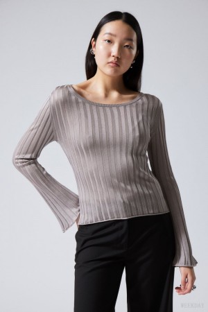 Weekday Enora Sheer Knit Long Sleeve Top Light Grey | BSZK4690