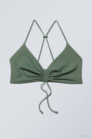 Weekday Gathered Bikini Top Olive Green | KMXZ8337