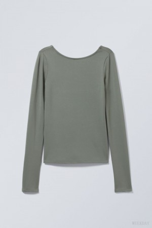 Weekday Gizem Open Back Long Sleeve Top Khaki Green | CGUV3511