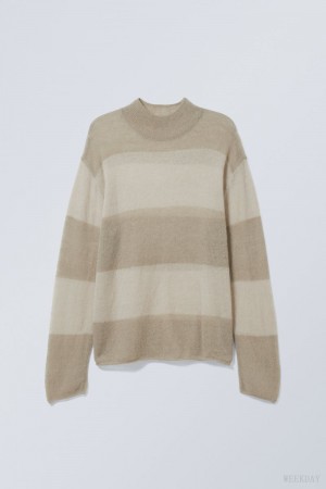 Weekday Holger Regular Wool Mockneck Beige Stripes | RPVC2717