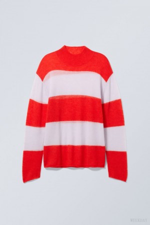 Weekday Holger Regular Wool Mockneck Red Stripes | DORG7439