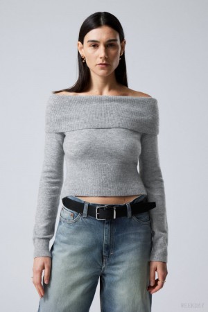 Weekday Lolo Off Shoulder Sweater Grey | BZJT6268