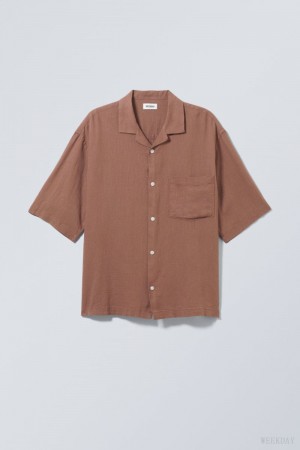 Weekday Oversized Linen Short Sleeve Shirt Brown | MKGA0680