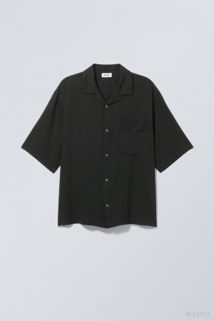 Weekday Oversized Linen Short Sleeve Shirt Black | FDIQ4024