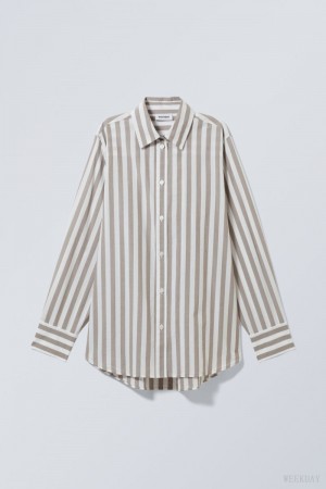 Weekday Regular Cotton Voile Shirt Beige Stripes | GSXO9800