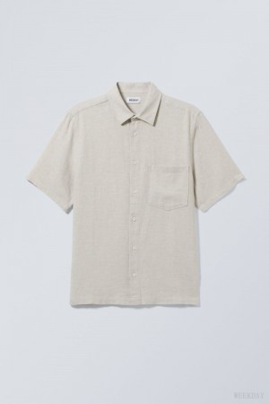 Weekday Relaxed Linen Short Sleeve Shirt Ecru | GGXO7753