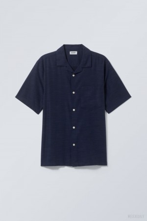 Weekday Relaxed Resort Short Sleeve Shirt Dark Blue | IEAO1257