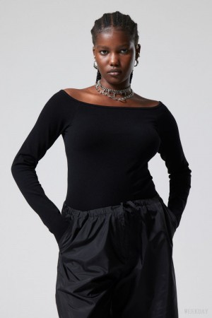 Weekday Seamless Off Shoulder Long Sleeve Black | KVBE5492