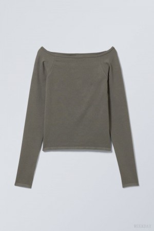 Weekday Seamless Off Shoulder Long Sleeve Khaki | INOZ9730