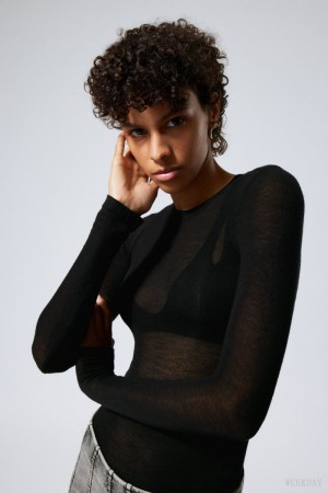 Weekday Soft Sheer Long Sleeve Top Black | CNSE0157