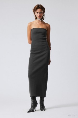 Weekday Tania Ribbed Tube Dress Dark Grey | EDSS2508