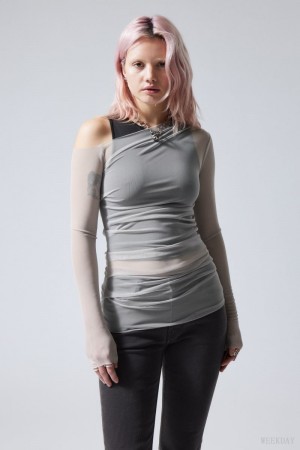 Weekday Transparent Drape Asymmetric Long Sleeve Light Grey | DZSG4054