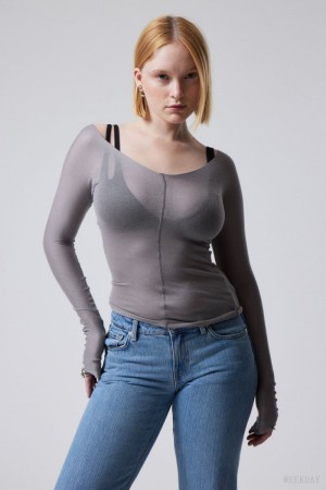 Weekday Yen Sheer Longsleeve Top Grey | UJZY8940