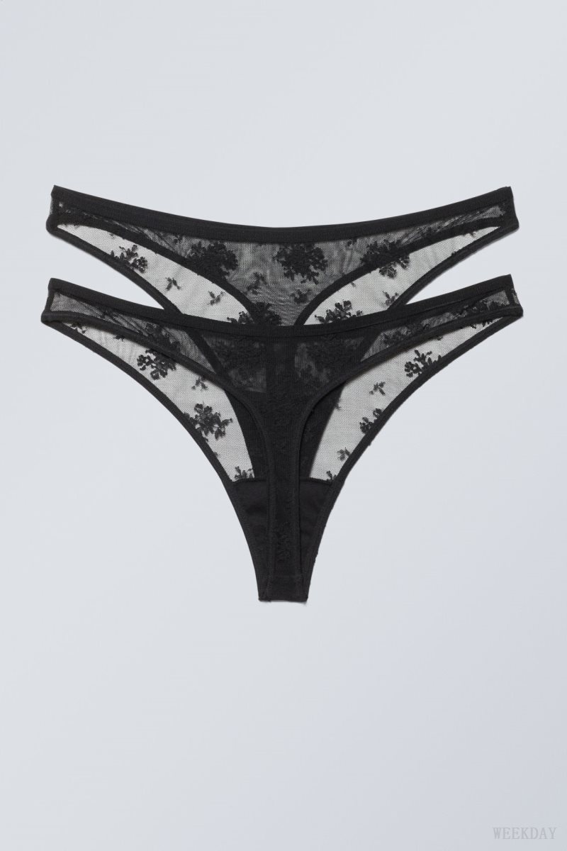 Weekday 2-pack Ash Lace Thong Thong Black | RVYS8759