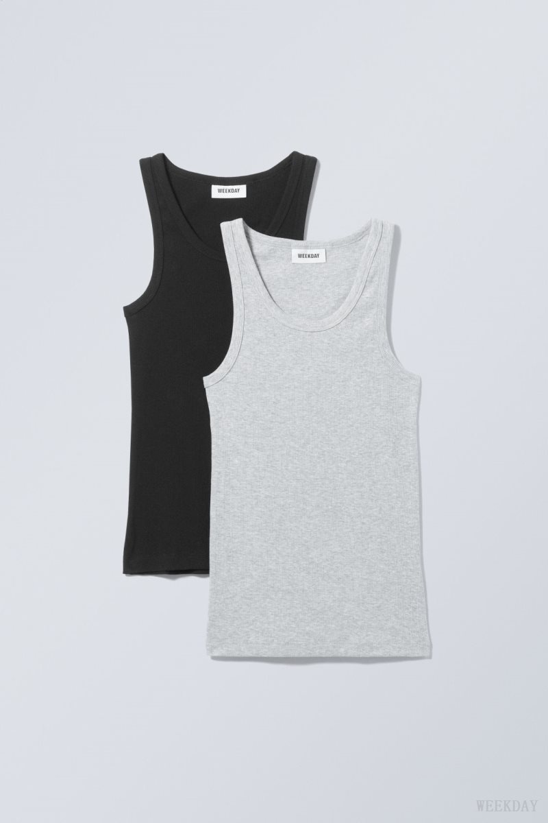 Weekday 2-pack Close Fitted Rib Tank Top Black Grey | DCDX8086