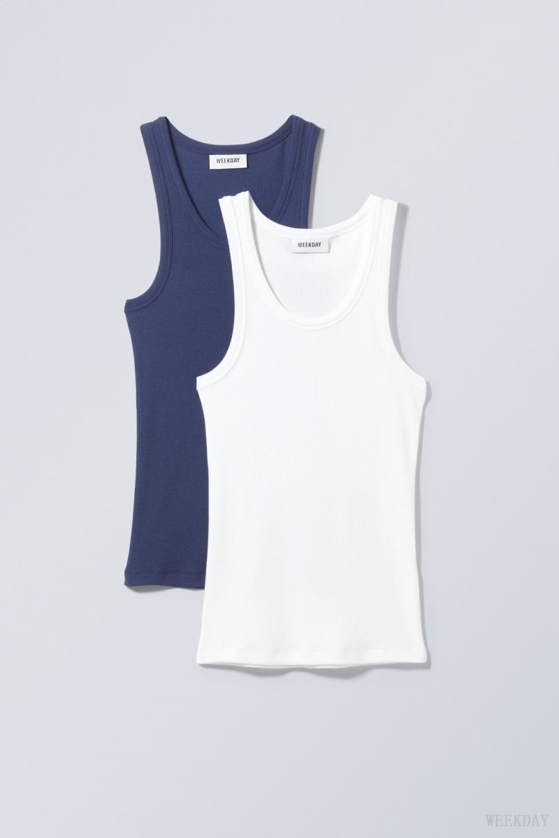 Weekday 2-pack Close Fitted Rib Tank Top Blue / White | KXOL1901