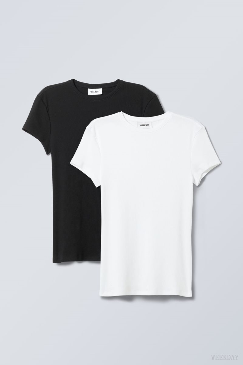 Weekday 2-pack Close Fitted Rib T-shirt Blk & wht | NHTU4214