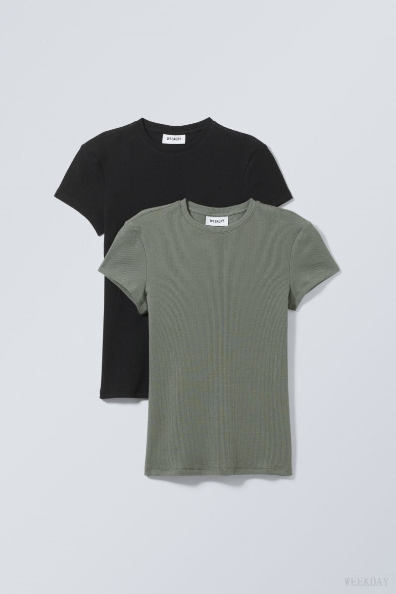 Weekday 2-pack Close Fitted Rib T-shirt Black / Khaki | LWWZ1361