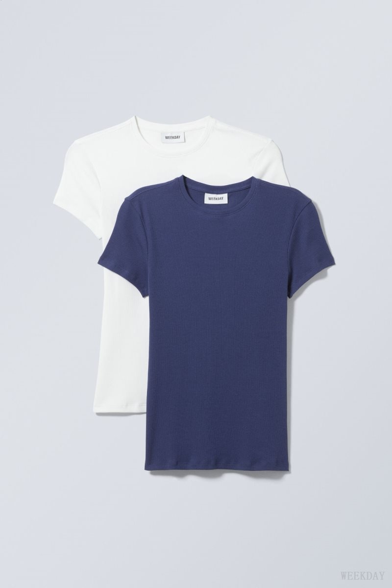 Weekday 2-pack Close Fitted Rib T-shirt White Blue | FVSD4146