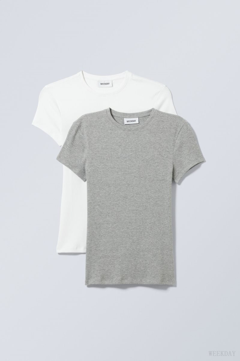 Weekday 2-pack Close Fitted Rib T-shirt White Grey | OCHR2490